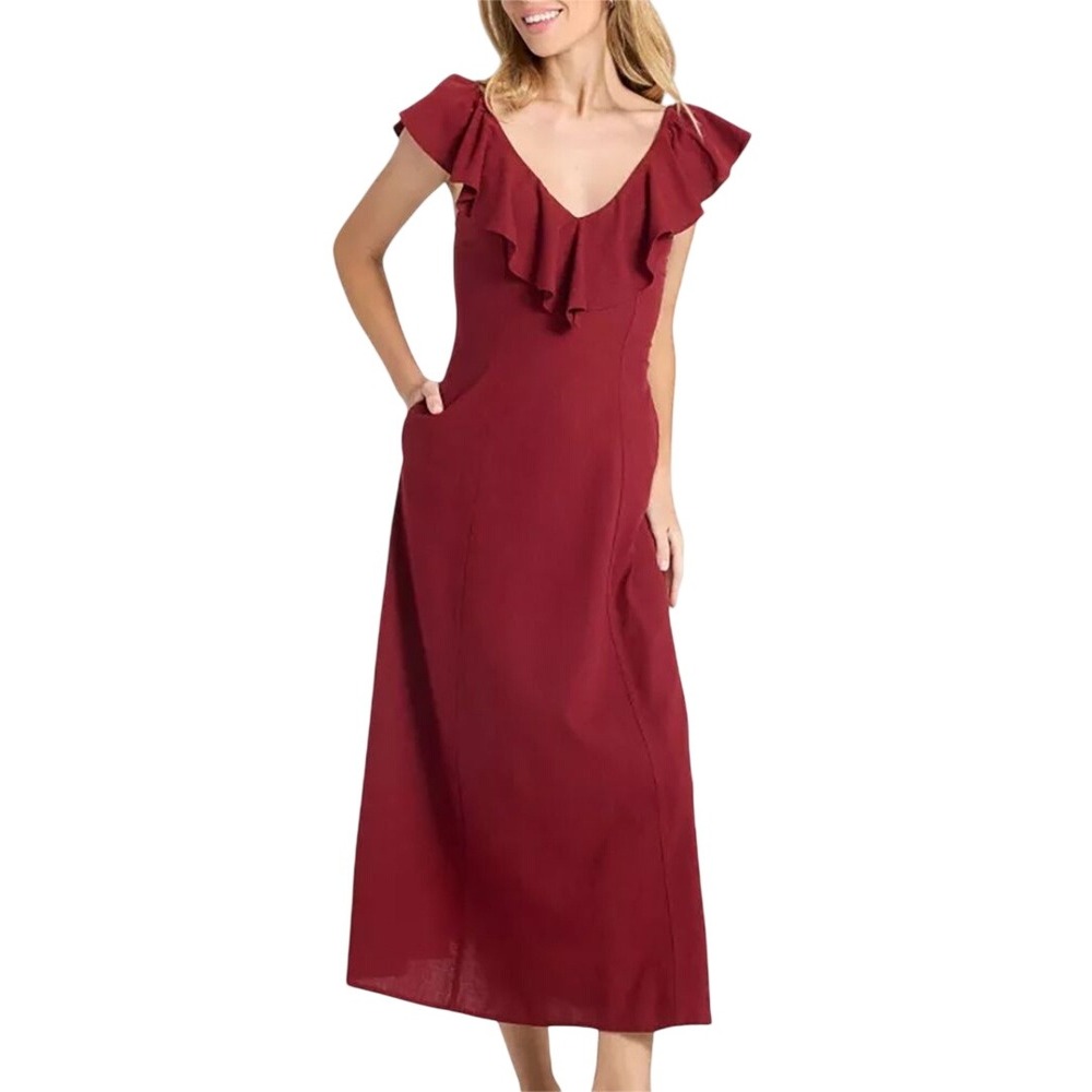 Universal Thread Women's Burgundy Ruffle V-Neck Maxi Dress Size XL